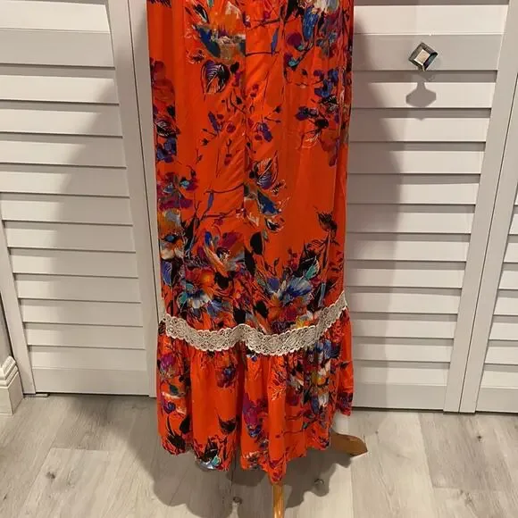 Umgee Maxi off/on Shoulder Dress in a Orange printed soft Fabric - Picture 6 of 7